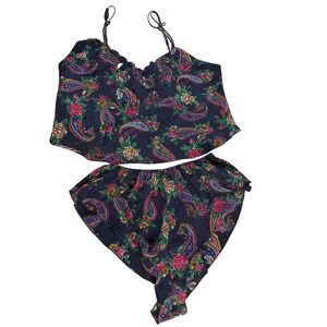 Vtg 90's Victorias Secret Small Navy Floral Paisley Cami & Flutter Panty PJ Set‎
